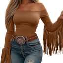 Off The Shoulder Fringe Tops for Women Western Cowgirl Outfits Stretchy Fall Long Sleeve Crop Tassel Shirts Y2K (Medium, 12-light Brown)