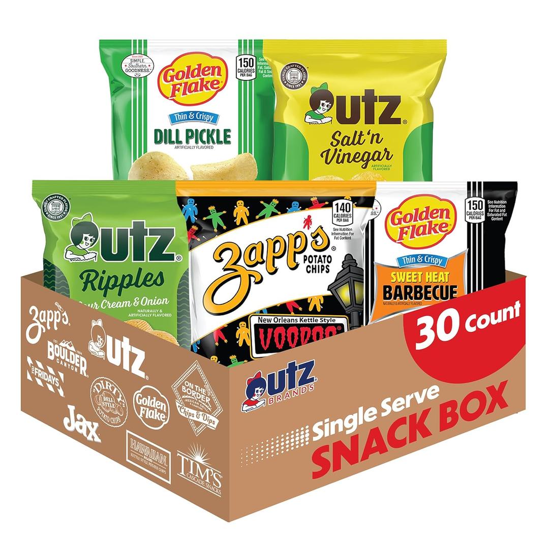 Utz Brands Big Flavor Box 30 Count Variety of Bold, Tangy, and Savory Chips: Zapps Voodoo, Ripples Sour Cream & Onion, Salt & Vinegar, Golden Flake Sweet Heat BBQ, and Dill Pickle Chips BB 4/13/26