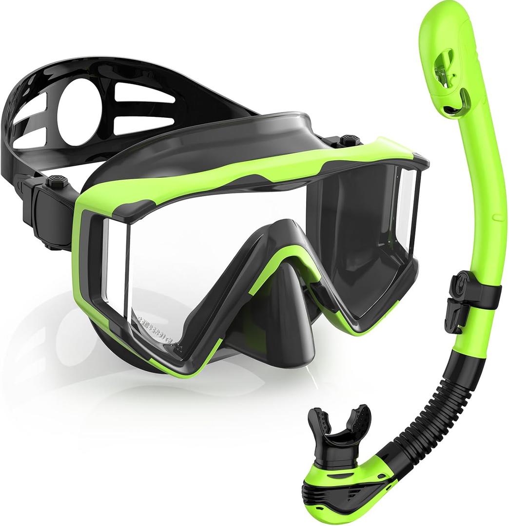 Greatever Snorkel Set Pano 3 Window Snorkel Mask Adult, Panoramic Wide View, Anti-Fog Scuba Diving Mask, Anti-Leak Snorkel Goggles Dry Top Snorkel, Professional Snorkeling Gear for Adults