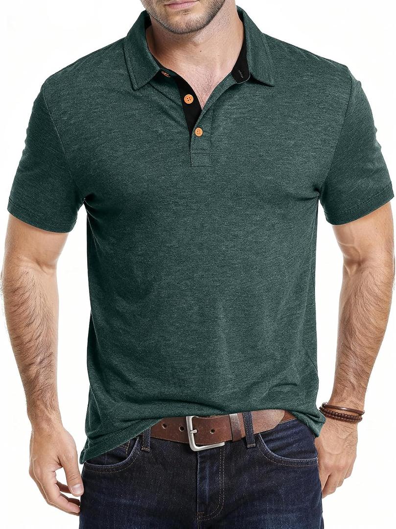 KUYIGO Mens Polo Shirts Short Sleeve Casual Summer Classic Collared Shirt (Green, XL)