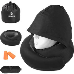 Travel Pillow - Hooded Neck Pillow Airplane Memory Foam Filling for Plane, Office, Cars Sleeping, Road Trip, Long Flights, Portable Plane Accessories, Includes Eye Mask & Earplugs (Black)