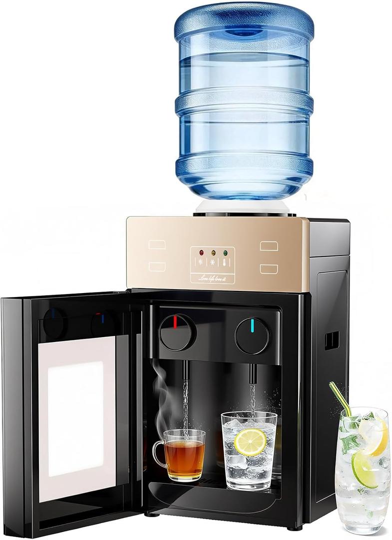 Top-Loading Countertop Water Dispenser for 1.2 to 5 Gallon Bottles, Hot & Cold Water Cooler Dispenser with Rotating Dual Spout, No-Press Dispensing, Visual Door Cover for Kitchen, Office, Bedside Use