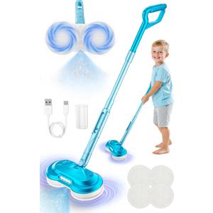 BLAXTEM Kids Electric Spray Spin Mop Toy, Rechargeable Cordless Electric Mop W/ LED Headlight & Water Sprayer for Children Boys & Girls, Cleaning Toy for Pretend Play (Light Blue)