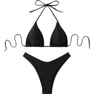 GORGLITTER Women's High Waisted Thong Bikini Set Halter Triangle Tie Back Swimsuit Bathing Suit (Black, Small)