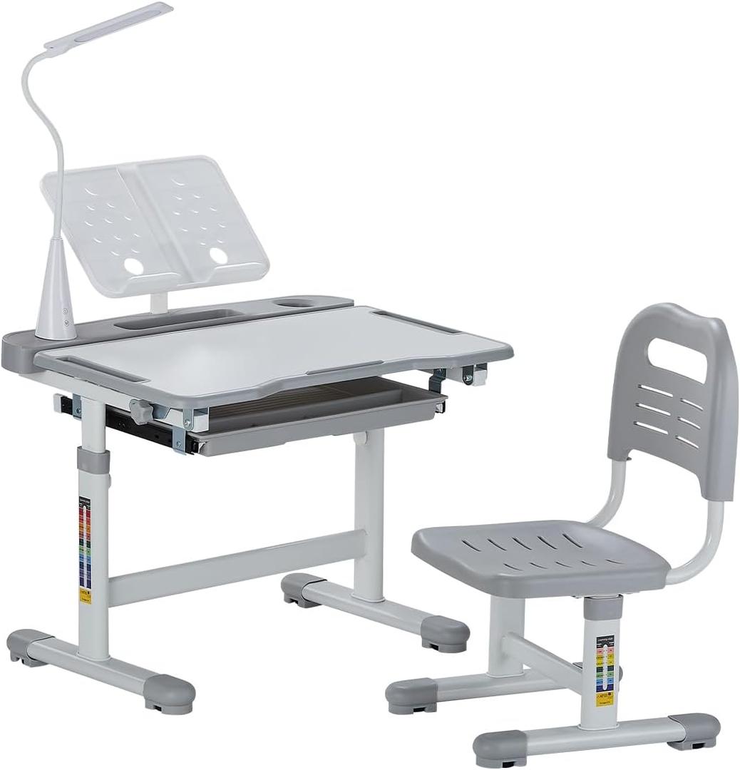 VEVOR Kids Study Chair and Desk Set, Study Desk and Chair for Kids with Table Lamp, Adjustable Height & 0-40 Tilted Desktop Kids Desk and Chair, Children Study Table for Bedroom & Study Room, Grey