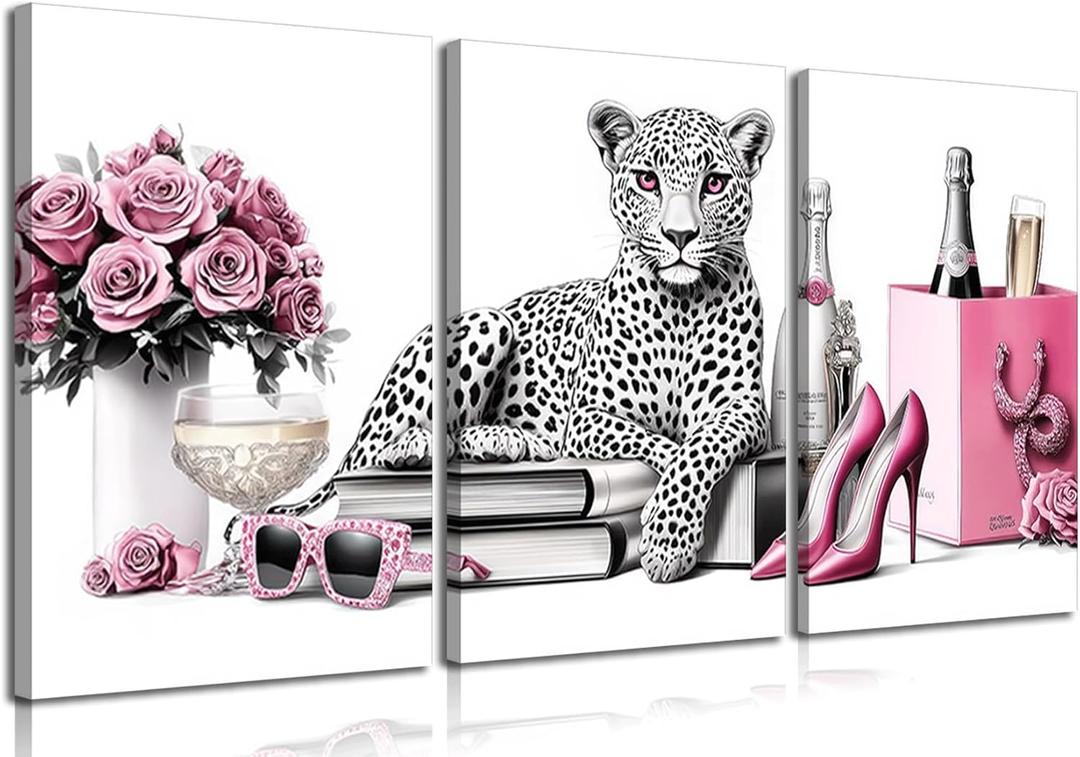3Pcs Framed Leopard Print Canvas Wall Art Picture Fashion Cheetah Printed Stylish Pink Books High Heels Perfume Poster Painting Preppy Girl Wall Decor for Living Room Women Bedroom 12x16in