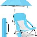 Lineshading 1 Pack Low Beach Chair with Umbrella for Adult, Lightweight Backpacking Folding Recliner Chairs with Carry Bag for Summer Beaches Tent Camping Picnics Barbecues Travel Outdoor (Blue)