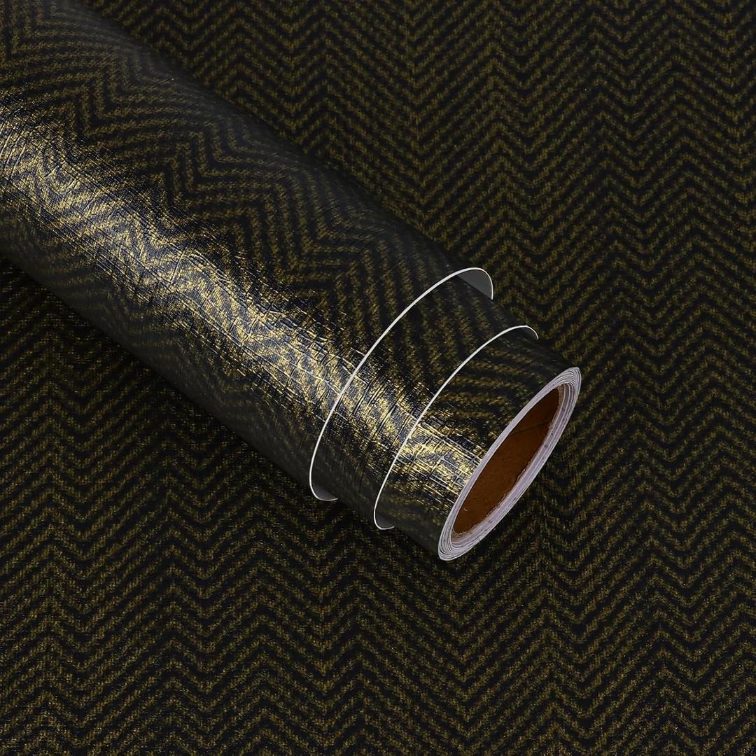 VaryStyle Black and Gold Wallpaper Golden Herringbone Grasscloth Peel and Stick Wallpaper Textured Dark Geometric Contact Paper Removable Self Adhesive Vinyl for Bedroom Bathroom Cabinets 15.7"x118"