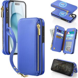 Antsturdy 2 in 1 Detachable for iPhone 15 Plus Wallet case with Magsafe,RFID Blocking Magnetic Wireless Charging PU Leather Phone case Flip Folio Cover Card Holder Wrist Strap Women,Purple Blue