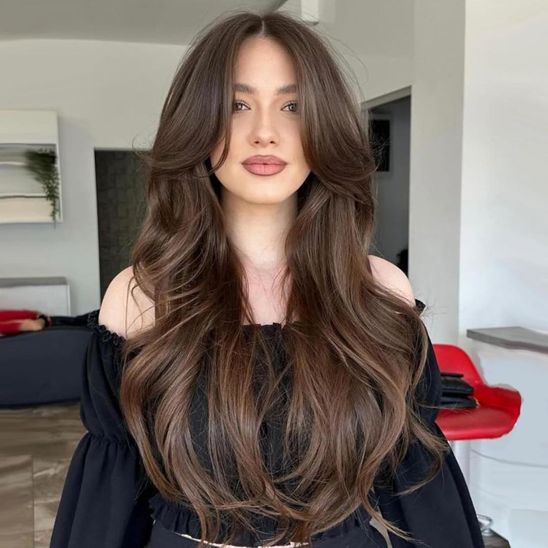 Long Dark Brown Wavy Layered Wigs with Curtain Bangs Brown Wig for Black White Women Synthetic Long Blonde Butterfly Haircut for Girls Daily Party Use