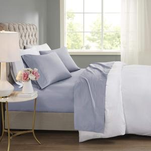 Madison Park 600 TC Cooling Cotton Blend Solid Sheet 16 Inch Deep Pocket, All Season, Soft Bedding-Set, Matching Pillow Case, Queen, Blue 4 Piece.