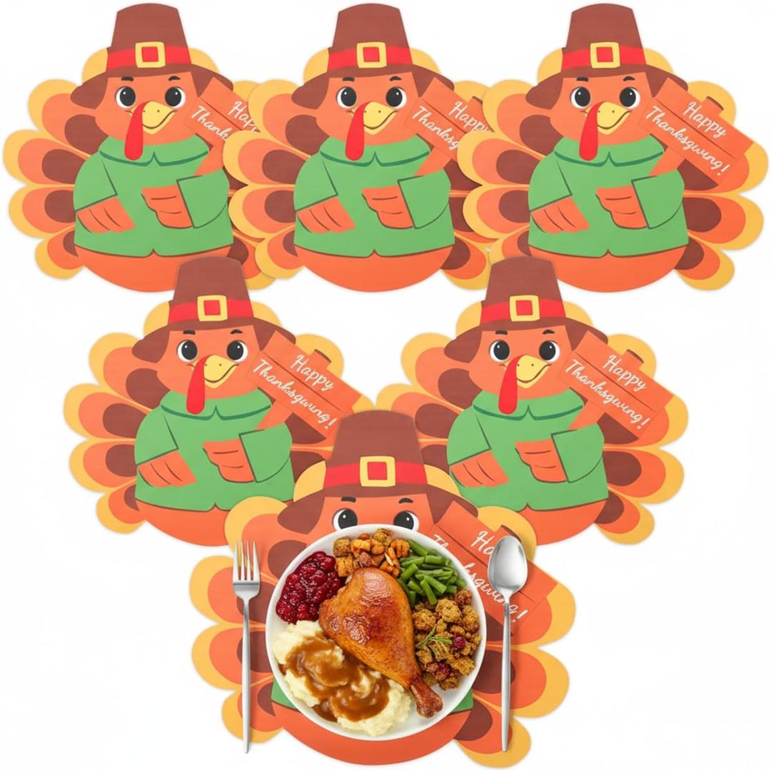 Remerry 15'' Thanksgiving Turkey Placemats Set of 6 Washable Thanksgiving Leather Place Mats Nonslip Turkey Shape Fall Table Mats for Holiday Autumn Harvest Party Kitchen Dining Tableware Decorations