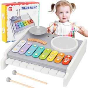 Kids Musical Instruments Piano Drum Set - 5 in 1 Montessori Toys for Toddler Baby, Wooden Music Kit with Piano Keyboard Xylophone, Preschool Educational Sensory Toys, Gifts for Boys Girls 1-8