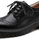 Womens Platform Wingtip Flat Oxfords Cozy Lace up Brogues Shoe Comfortable Leather Saddle Shoe Black US 8