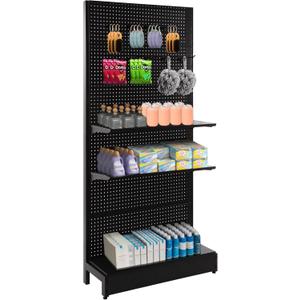 Pegboard Display Stand, Gondola Retail Shelving Wall Display for Convenient Grocery Office Supply or Liquor Stores, Single Side Peg Board Panels, Extra 20 Hooks, No Including 4 Shelves (1 Unit - Single Side - Black)