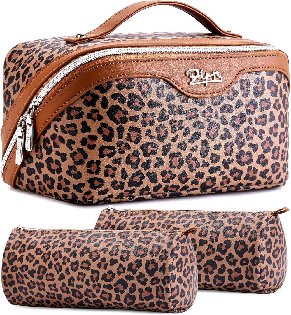 BOYATU Travel Makeup Bag for Women: 3 Pcs Set Portable Make up Bags with Handle - Leopard Print Cosmetic Bags with Compartments - Waterproof Vegan Leather Toiletry Bag (A-1-Brown)
