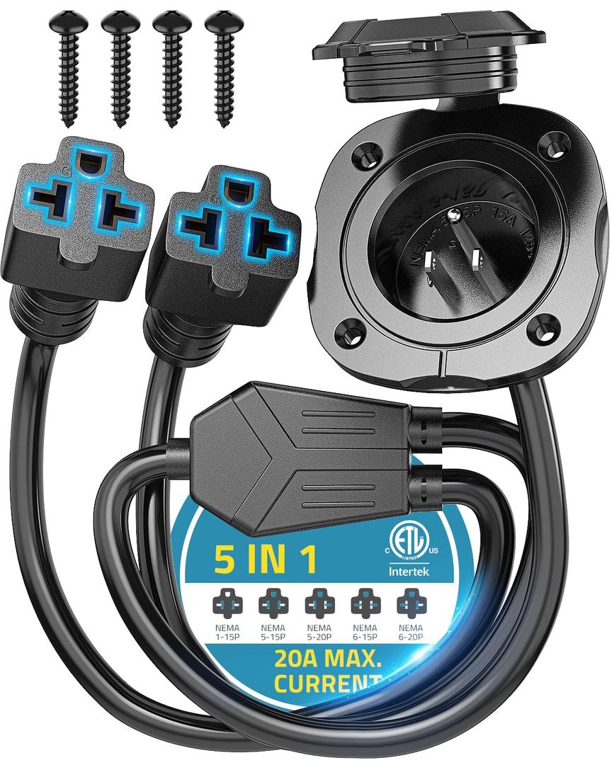 20A 125V RV Shore Power Inlet Plug, 12AWG AC Port Plug w/ 5-IN-1 T-Blade Adapter & Integrated 18" Dual Extension Cord, Waterproof AC Power Inlet Socket Outlet Receptacle for RV, Truck, Boat, Generator