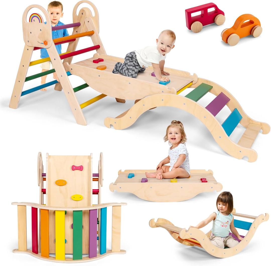 Wooden Pikler Triangle with Convertible Ramp & Detachable Arch, Montessori Indoor Climbing Frame, Sturdy Ladder & Space-Efficient Design