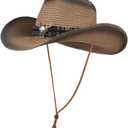 Straw Cowboy Hat for Men Women Wide Brim Western Straw Cowgirl Panama Hat Summer Beach Sun Cap Sombrero Travel (One Size, Coffee & Black)