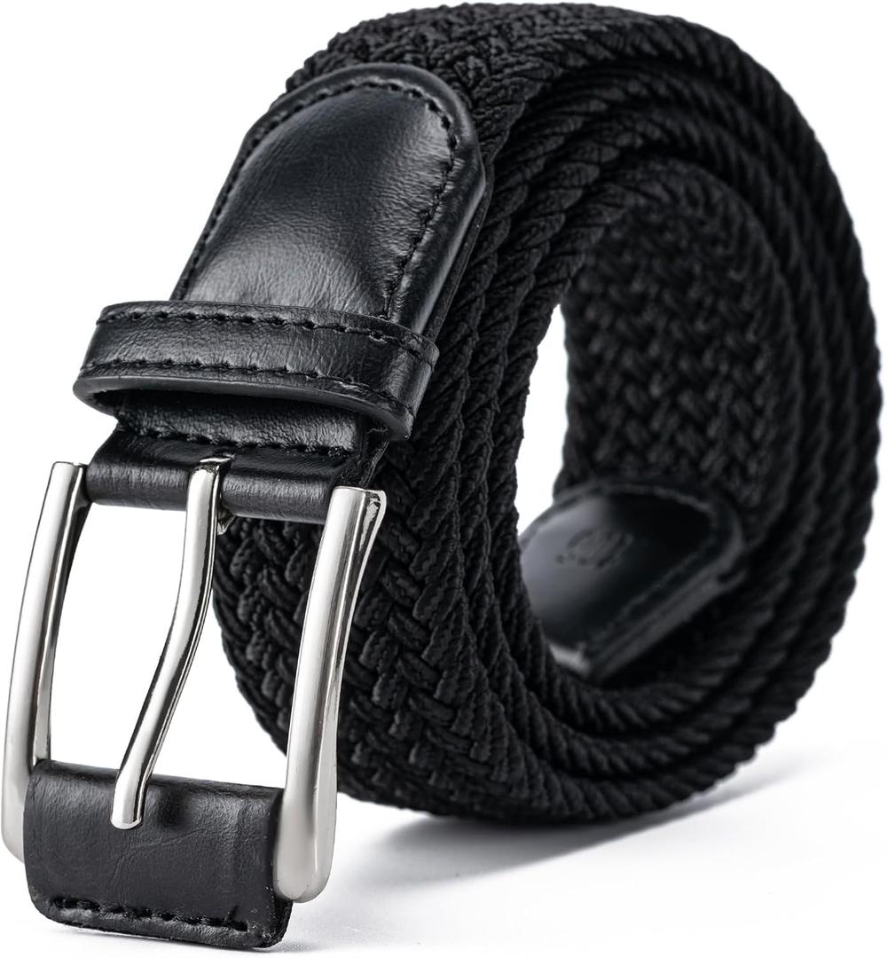 Mens Belt, Canvas Elastic Fabric Woven Stretch Multicolored Braided Belts for Golf Casual Pants Shirts Jeans (38"-42" Waist Adjustable, All Black)