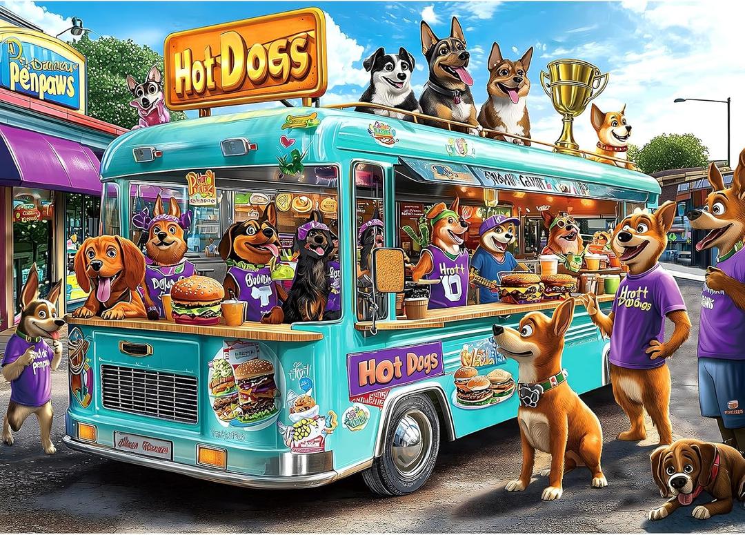 Blueforest 1000 Piece Jigsaw Puzzle for Adults - Cartoon Dogs Food Truck Adventure - Challenging & Fun Puzzle with Vibrant Art, Bonus Poster (27.5" x 19.7")
