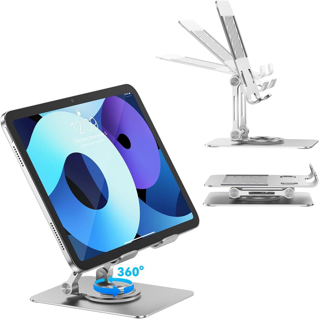 JUANWE Tablet Stand Holder with 360 Rotating Base, Adjustable Foldable iPad Stand, Aluminium Tablet Holder for Desk, Compatible with iPad Pro/Air//Mini, Switch, iPhone15 and More (4-13 inch) (Silver)
