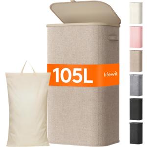 Lifewit 105L Large Laundry Basket with Lid, Laundry Hamper with Plastic Handles and Removable Bag, Foldable Tall Dirty Clothes Hampers for Laundry for Laundry Room, Bedroom, Bathroom, Dorm, Beige