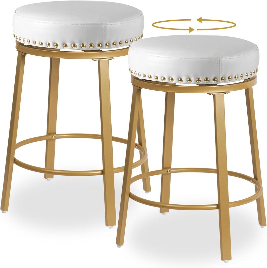 White & Gold Bar Stools Set of 2 Counter Height 24 Inches Swivel Bar Stools for Kitchen Counter Island Backless Modern Gold Barstools Upholstered Faux Leather Round Counter Stools, Off White+Gold