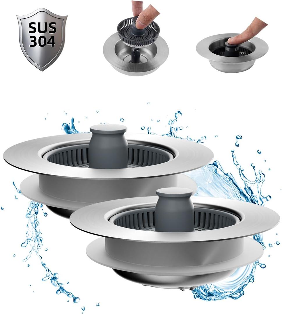 Hibbent 2 Pack Upgraded 3 in 1 Kitchen Sink Drain Strainer and Stopper Combo, Stainless Steel Metal Pop Up Sink Stopper, Anti-Clogging Basket Strainer with Handle for US Standard 3-1/2 Inch Drain