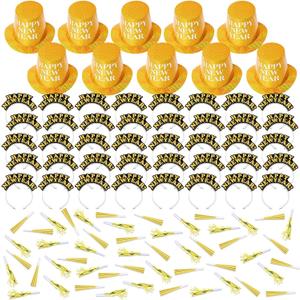 Shappy 100 Pcs New Years Eve Party Supplies 2026 New Year's Eve Party Kit 10 Top Hat 40 Tiara 50 Noisemaker Decor (Gold)