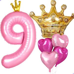 Princess 9th Birthday Party Decorations, 40 inch Large Pink Crown 9 Balloon for Girls’ Princess Royal Birthday Decorations, Party Supplies Favors, Anniversaries(Number 9 Foil Mylar Birthday Balloon)