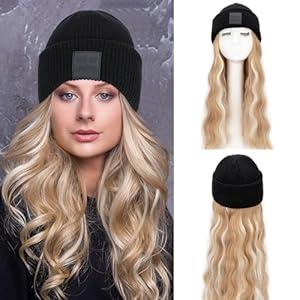 S-noilite Beanie Wig Hair Extensions, 18 Inch Long Wavy Hair Extensions with Knitted Hat Hairpieces for Women Winter Ash Blonde with Bleach Blonde
