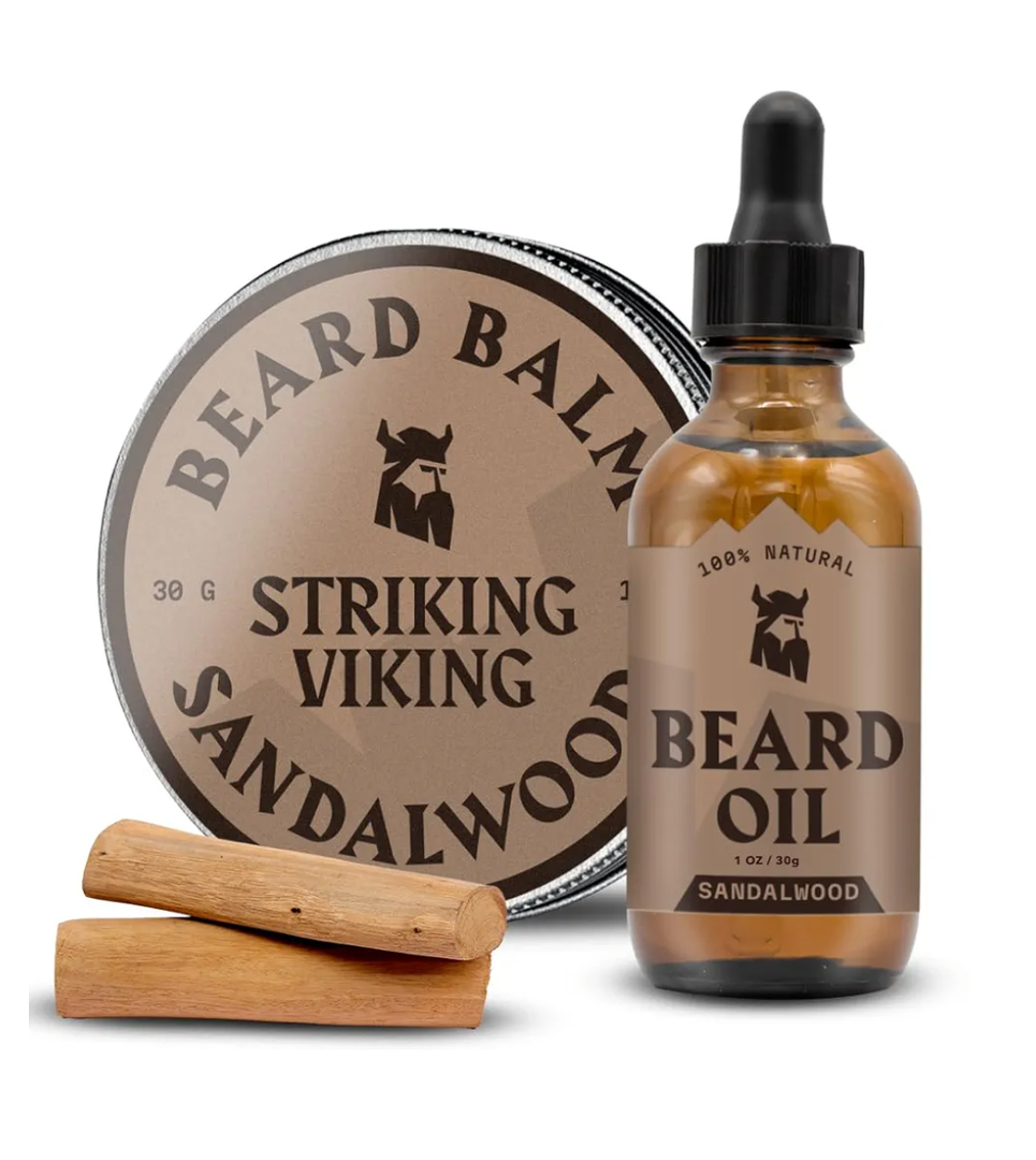 Striking Viking Beard Oil and Balm - Men's Beard Grooming Kit with All-Natural Beard Oil and Leave in Beard Balm Conditioner - Enriched with Argan and Jojoba Oil, Sandalwood
