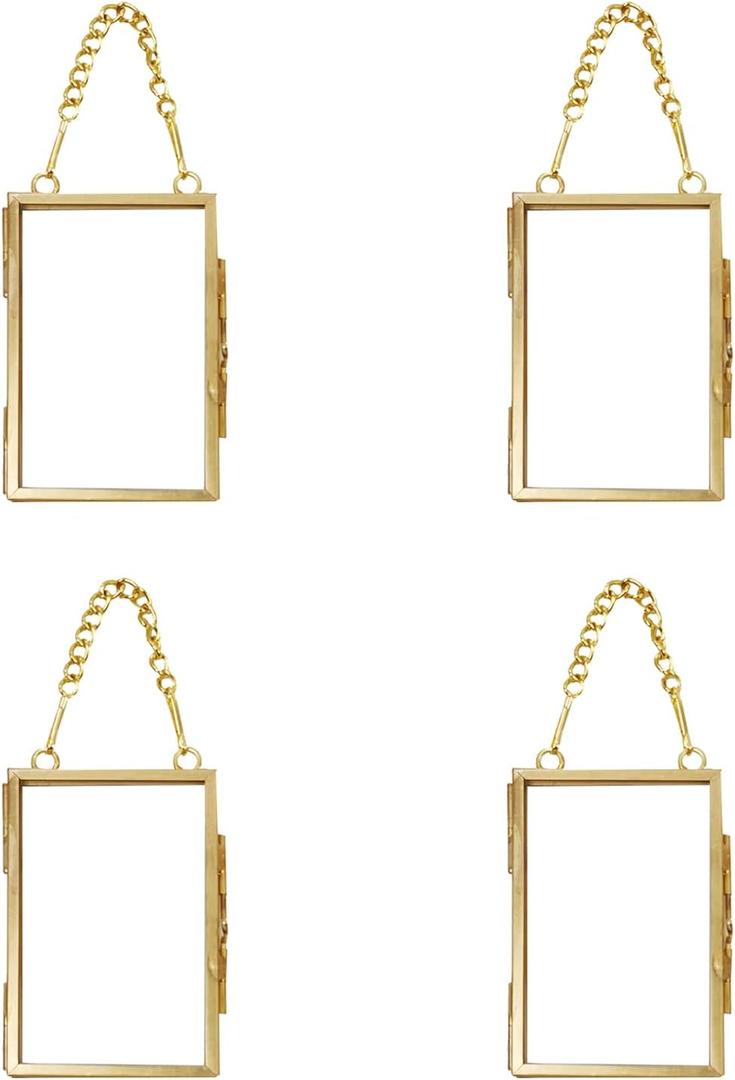 Emivery 4Pcs Mini Metal Picture Frame Antique Gold Floating Glass Picture Frame Small Vintage Artwork Hanging Picture Display Frame with Chain for Family Tree Mini Photo 2 X 3 Inch