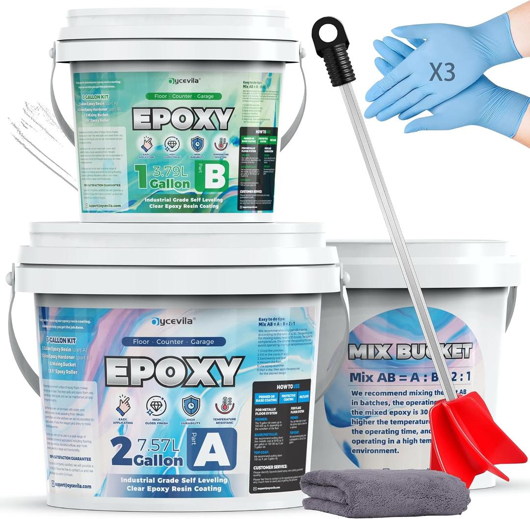 Epoxy Floor Coating – 2:1 Professional Formula 100% Solids, 3 Gallon Self-Leveling Garage Epoxy, High Gloss Concrete Floor Paint, Hot Tire Resistant, Industrial Grade for Garage & Basement (White)