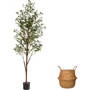 6FT Artificial Olive Tree Indoor, Tall Faux Olive Tree with Pot&Basket, Large Fake Olive Tree with Realistic 1080 Silk Leaves and 60 Fruits for Living Room Home Office Decor.