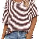Womens Short Sleeve Striped Shirts Summer Casual Scoop Neck Oversized Tshirts Color Block Basic Tee (Small, White and Brown)