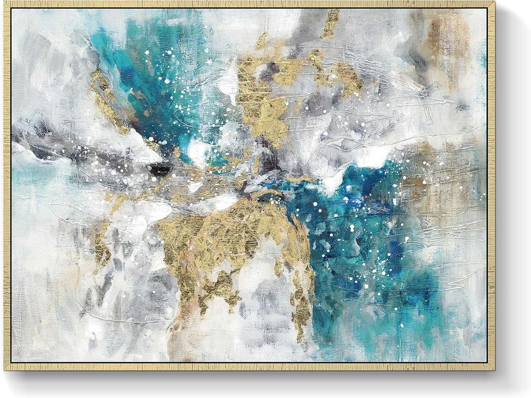 Abstract Canvas Framed Wall Art: Marble Abstract Heavy Texture Pictures Minimalist Painting with Gold Foil for Bedroom (40''W x 30''H, Multiple Sizes) (blue green framed)
