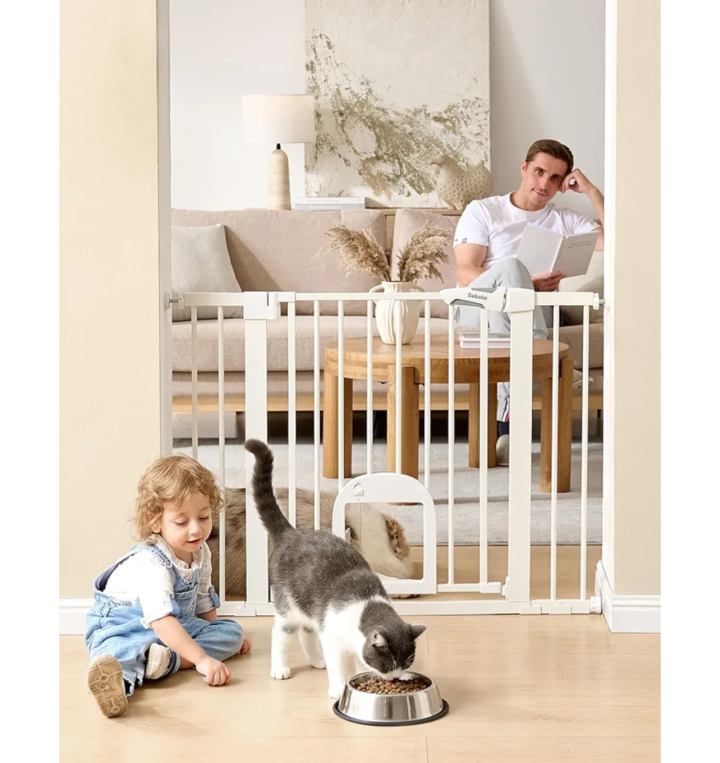 Babelio Baby Gate with Adjustable Cat Door,29-43" Auto Close Durable Pet door for Stairs,Doorways and House,Pressure Mounted,Easy Install,Effortless Walk Thru,White