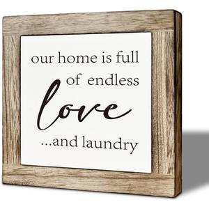 Funny Farmhouse Laundry Decor, Our Home is Endless Love and Laundry Phrase Wooden Box Sign, Freestanding Bathroom Decor, Square Wood Block Sign Table Decorative 5.95.9 inch