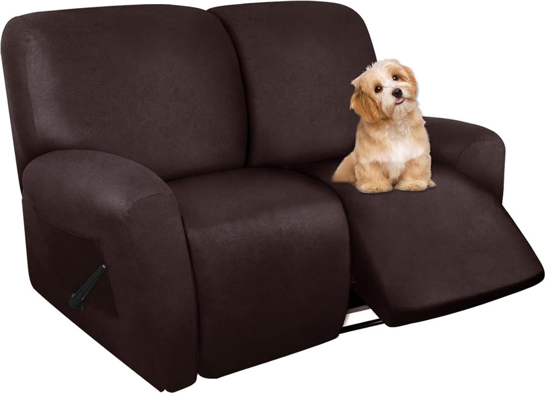 molasofa Loveseat Recliner Slipcover - 6 Pieces Stretch Leather Like Recliner Sofa Cover for 2 Seat Dual Reclining Loveseat Couch, Furniture Protector with Elastic Bottom (Chocolate)