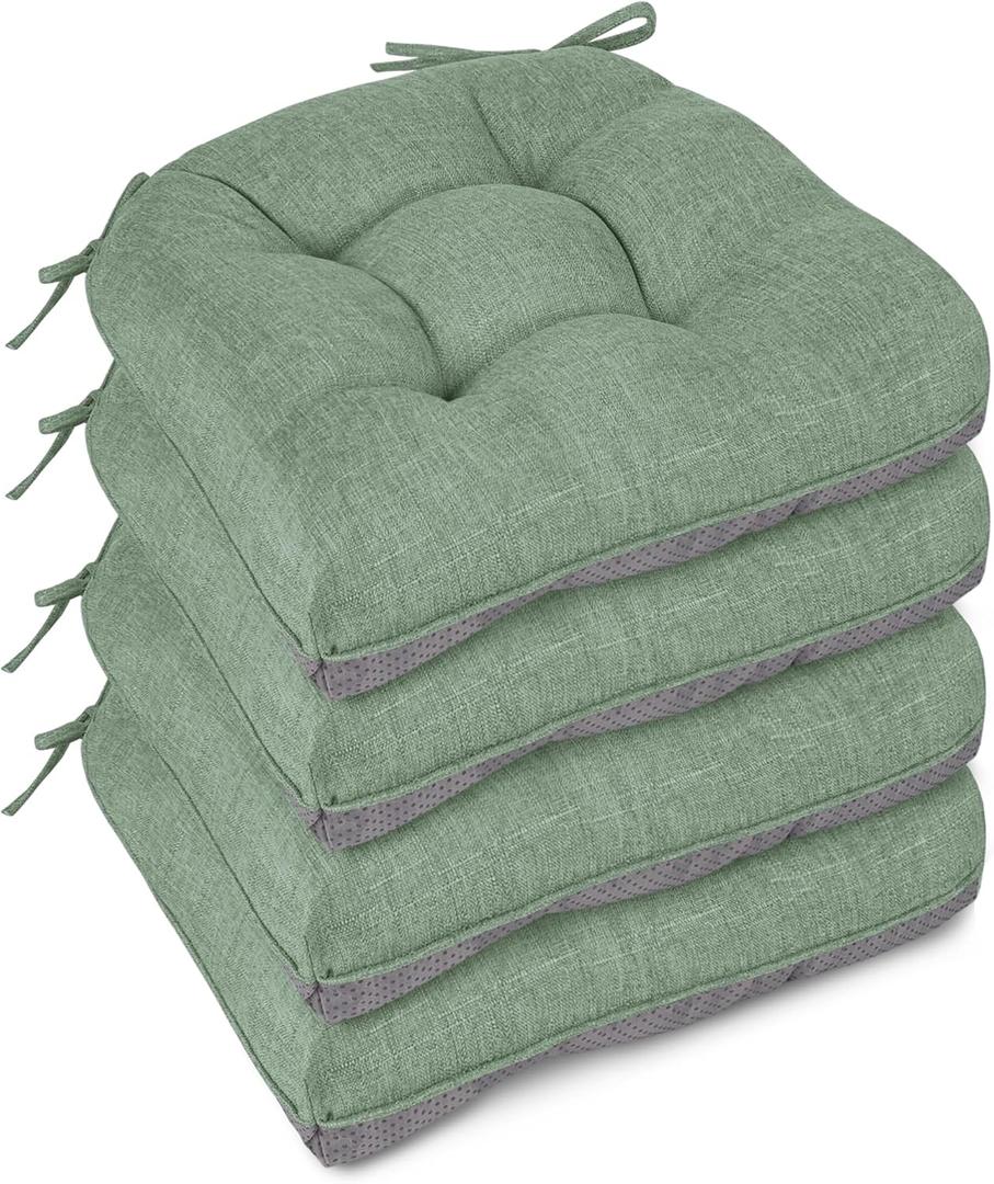Non Slip Chair Cushions for Dining Chairs Set of 4 Kitchen Chair Cushions 18"x18"x3" Turfted Chair Pads Comfortable and Soft Seat Cushion with Ties (Sage Green)