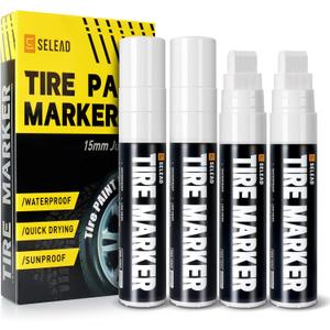 SELEAD Jumbo Tire Marker White - 4 Pack 15mm Wide Tip Paint Pens for Car Tires Lettering, Large Capacity Premium Ink Waterproof Permanent Markers