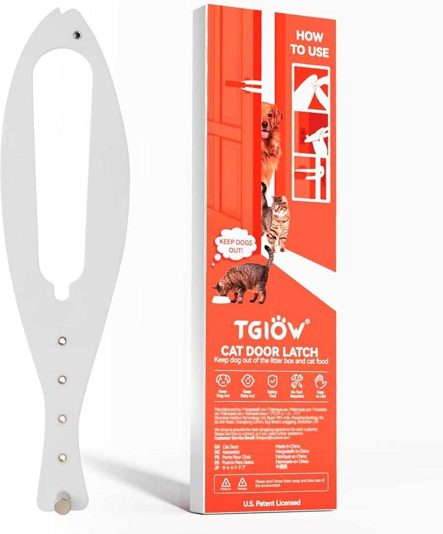 Cat Door Latch, 1 Pcs Cat Door Stopper Pet Door Latch to Keep Dog Out of Litter Box and Food, Door Prop for Cat with 5 Adjustable Size Strap 2.5-6" Wide, No Measuring, Easy to Install, White