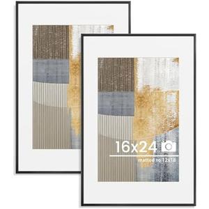 16x24 inch Metal Poster Frame - 16 x 24 Thin Aluminum Picture Frames Matted for 12x18 Photos, Artworks, Prints, Puzzle - High Definition Plexiglass - Vertical and Horizontal Display - Wall Hook Hanging Hardware Included - Black, Set of 2