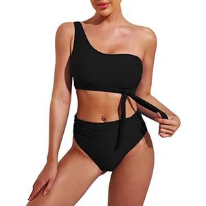 Pink Queen Women's One Shoulder High Waisted Bikini Set Two Piece Tie Ruched Swimsuit, Large, Black
