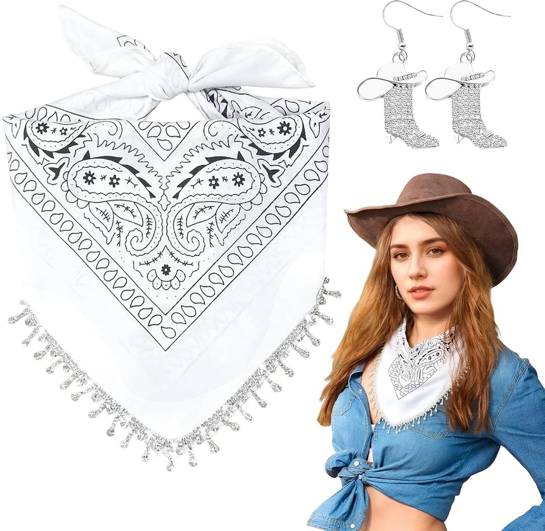 Fringe Rhinestone Bandana with Rhinestone Cowgirl Boots Earrings, Disco Bachelorette Tassel Kerchief (White)