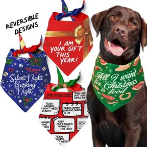 INSPECTOR TAIL Christmas Dog Bandanas 2 Pack Reversible with 4 Festive Patterns for Small Medium and Large Pets | Cute Holiday Pet Scarves on Red Green and Blue | Soft Cotton Christmas Accessories