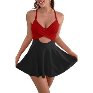 B2prity Women Cutout One Piece Skirt Swimsuit V Neck Wrap Tie Back Swimdress Tummy Control Bathing Suits XL