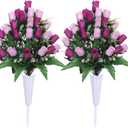 Lodou Artificial Cemetery Flowers,Outdoor Grave Decorations Roses,Arrangements Bouquet with Cemetery Vase, Silk Flowers for Long-Lasting Remembrance (Purple)